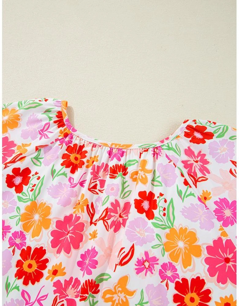 White Floral Split V Neck Wide Short Sleeve Plus Size Blouse Top