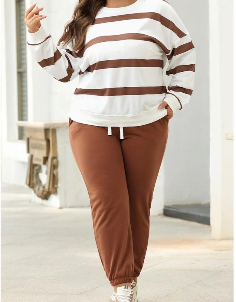 Brown Stripe Striped Drop Shoulder Pullover and Jogger Pants Set
