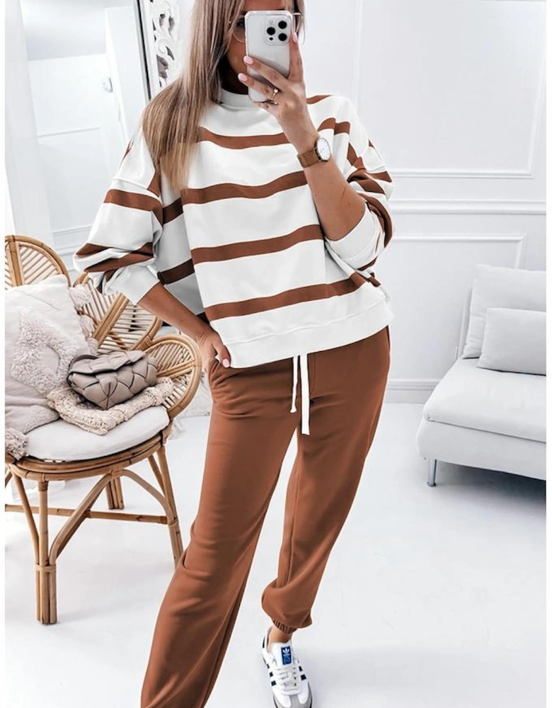 Brown Stripe Striped Drop Shoulder Pullover and Jogger Pants Set