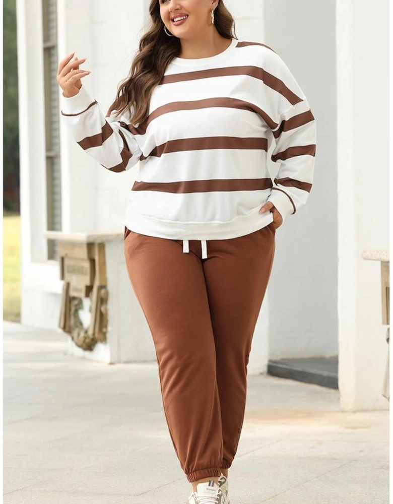 Brown Stripe Striped Drop Shoulder Pullover and Jogger Pants Set