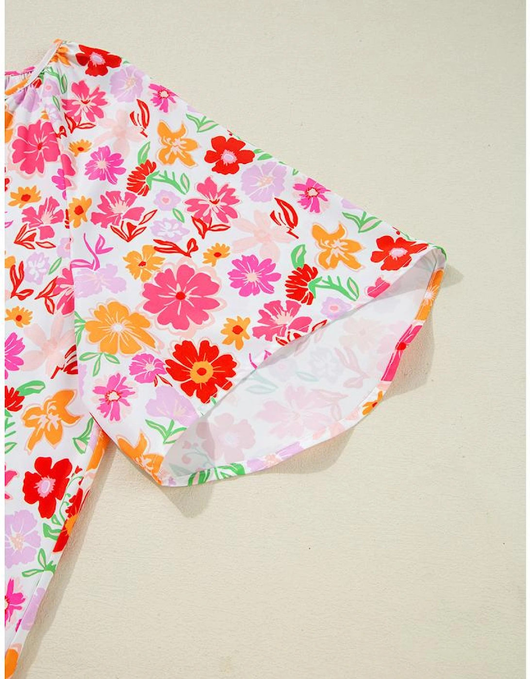 White Floral Split V Neck Wide Short Sleeve Plus Size Blouse Top