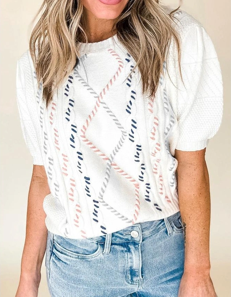White Multicolor Stitch Detail Cable Knit Short Sleeve Sweater