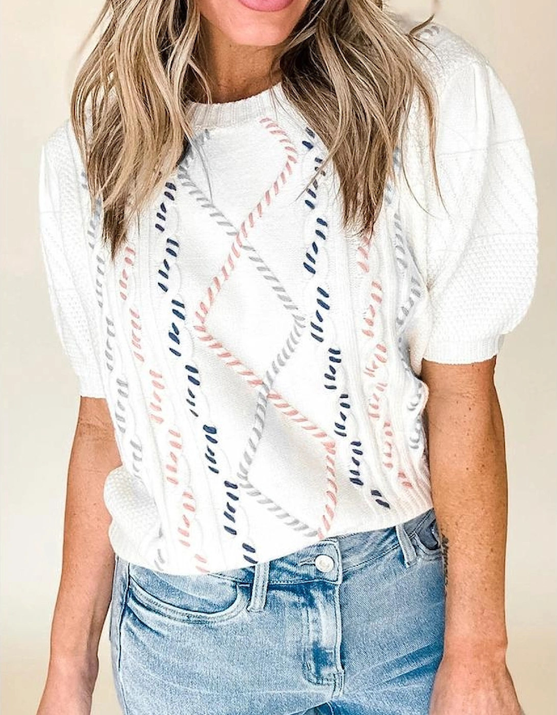 White Multicolor Stitch Detail Cable Knit Short Sleeve Sweater, 14 of 13