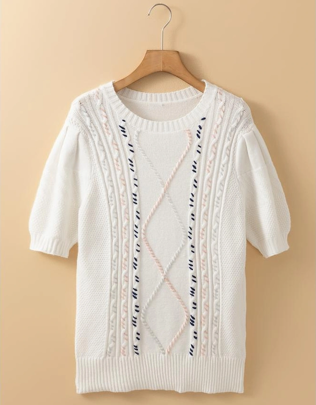 White Multicolor Stitch Detail Cable Knit Short Sleeve Sweater