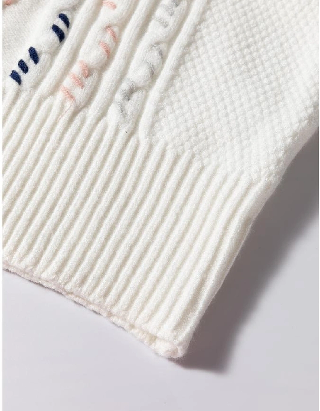 White Multicolor Stitch Detail Cable Knit Short Sleeve Sweater