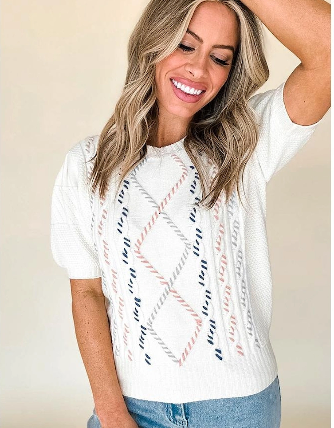 White Multicolor Stitch Detail Cable Knit Short Sleeve Sweater