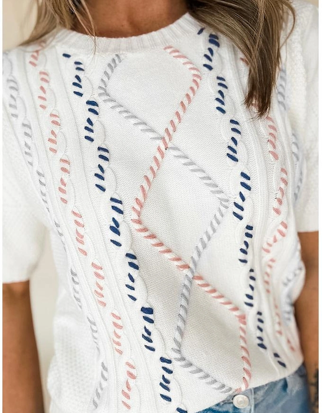 White Multicolor Stitch Detail Cable Knit Short Sleeve Sweater