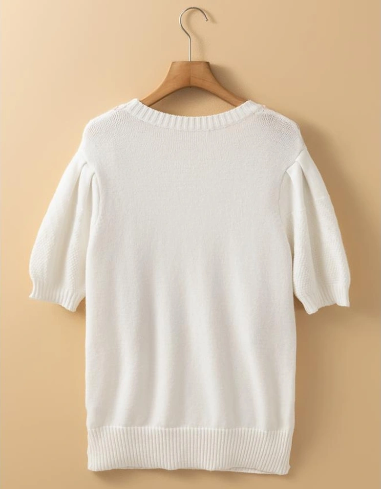 White Multicolor Stitch Detail Cable Knit Short Sleeve Sweater