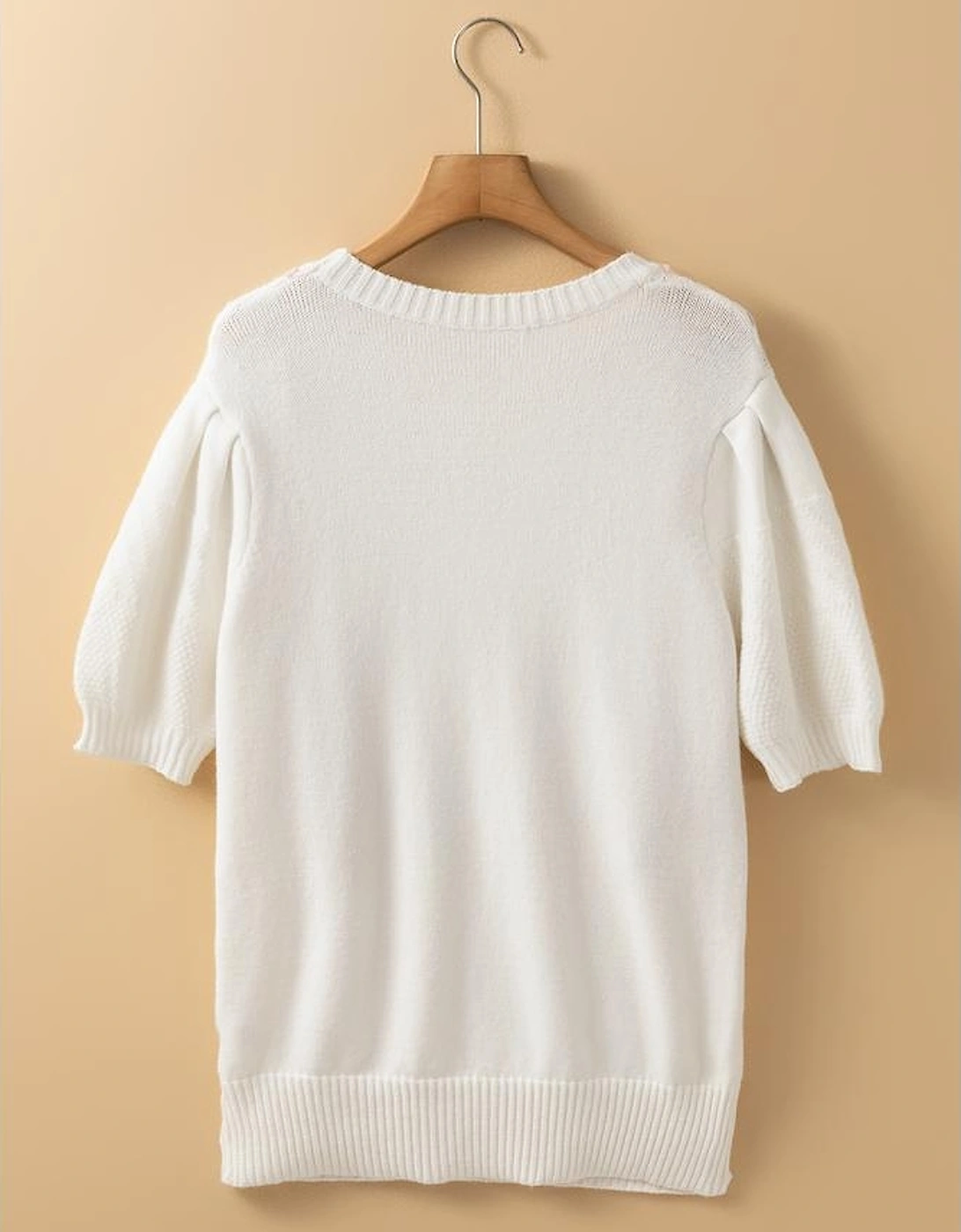 White Multicolor Stitch Detail Cable Knit Short Sleeve Sweater