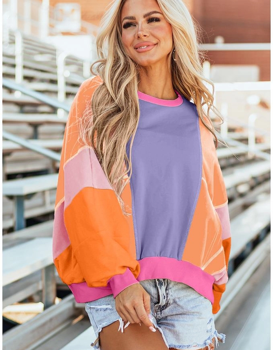 Orchid Petal Colorblock Patchwork Exposed Stitching Oversize Top