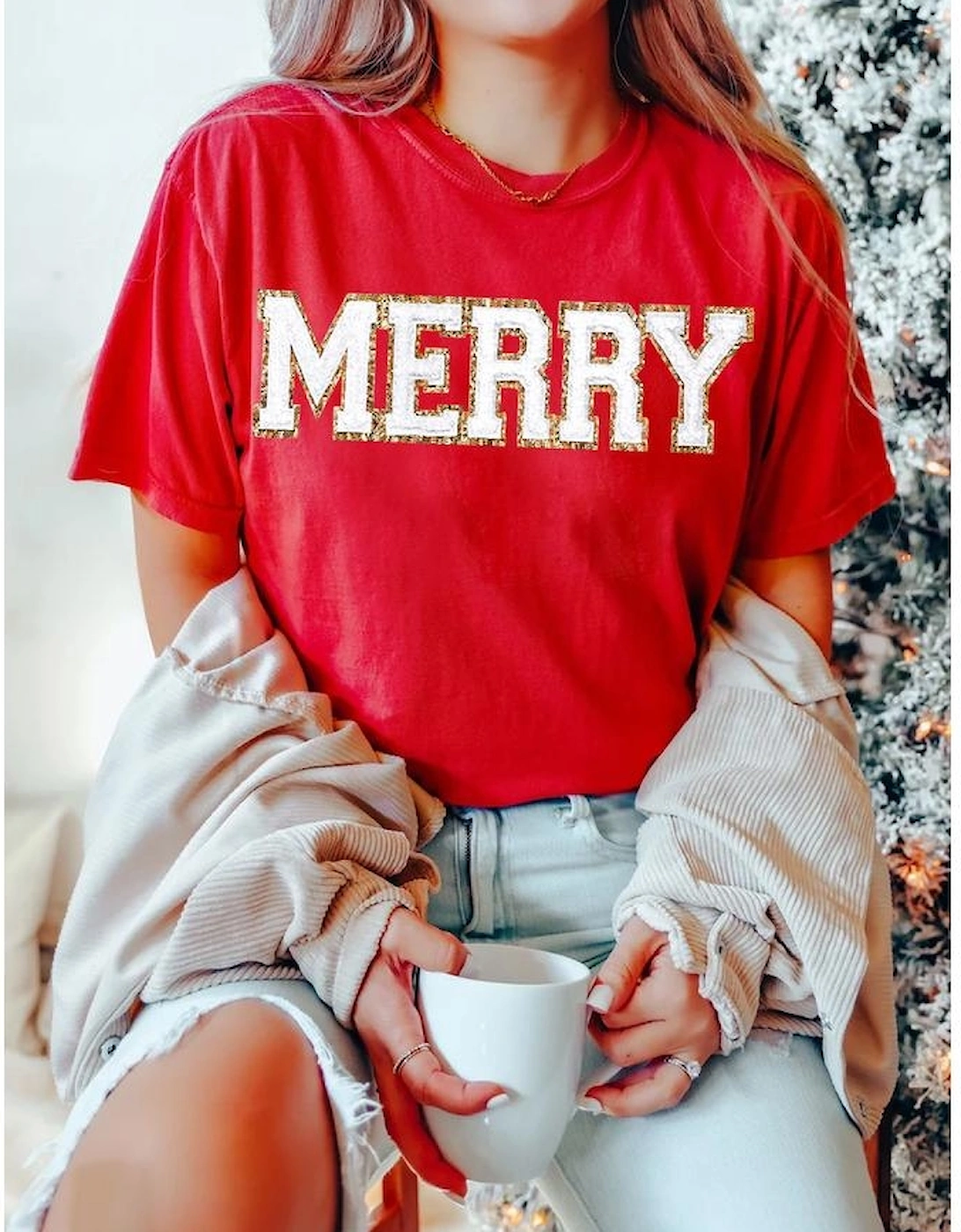 Red Christmas MERRY Graphic Cuffed Sleeve T Shirt