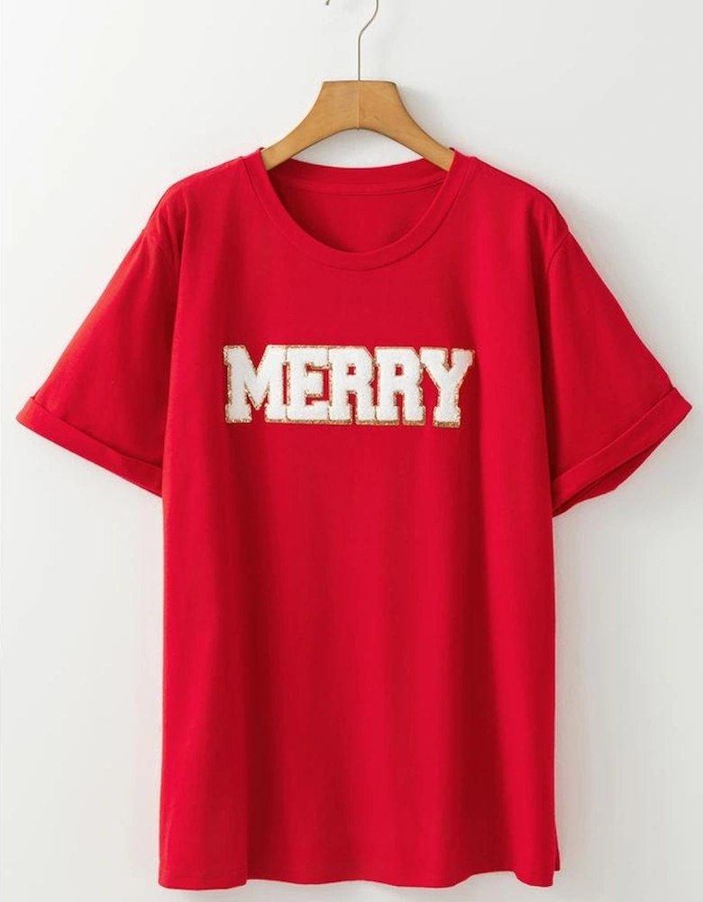 Red Christmas MERRY Graphic Cuffed Sleeve T Shirt