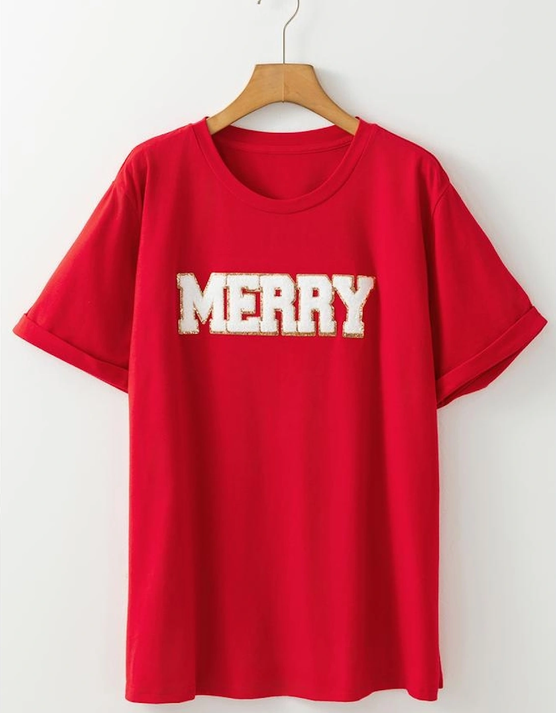 Red Christmas MERRY Graphic Cuffed Sleeve T Shirt