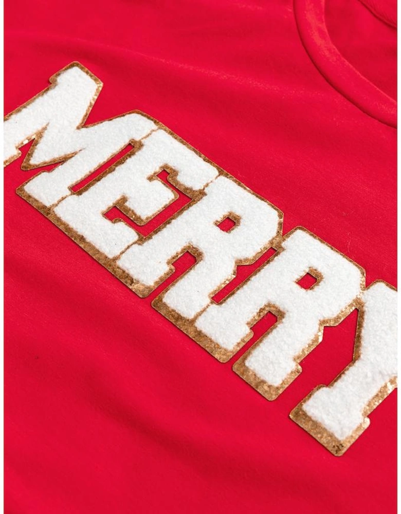 Red Christmas MERRY Graphic Cuffed Sleeve T Shirt