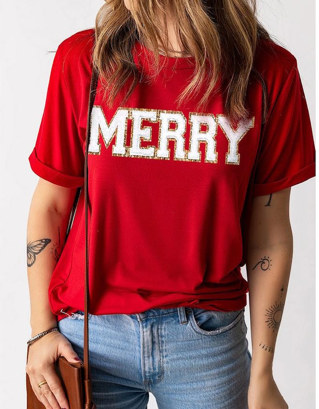Red Christmas MERRY Graphic Cuffed Sleeve T Shirt