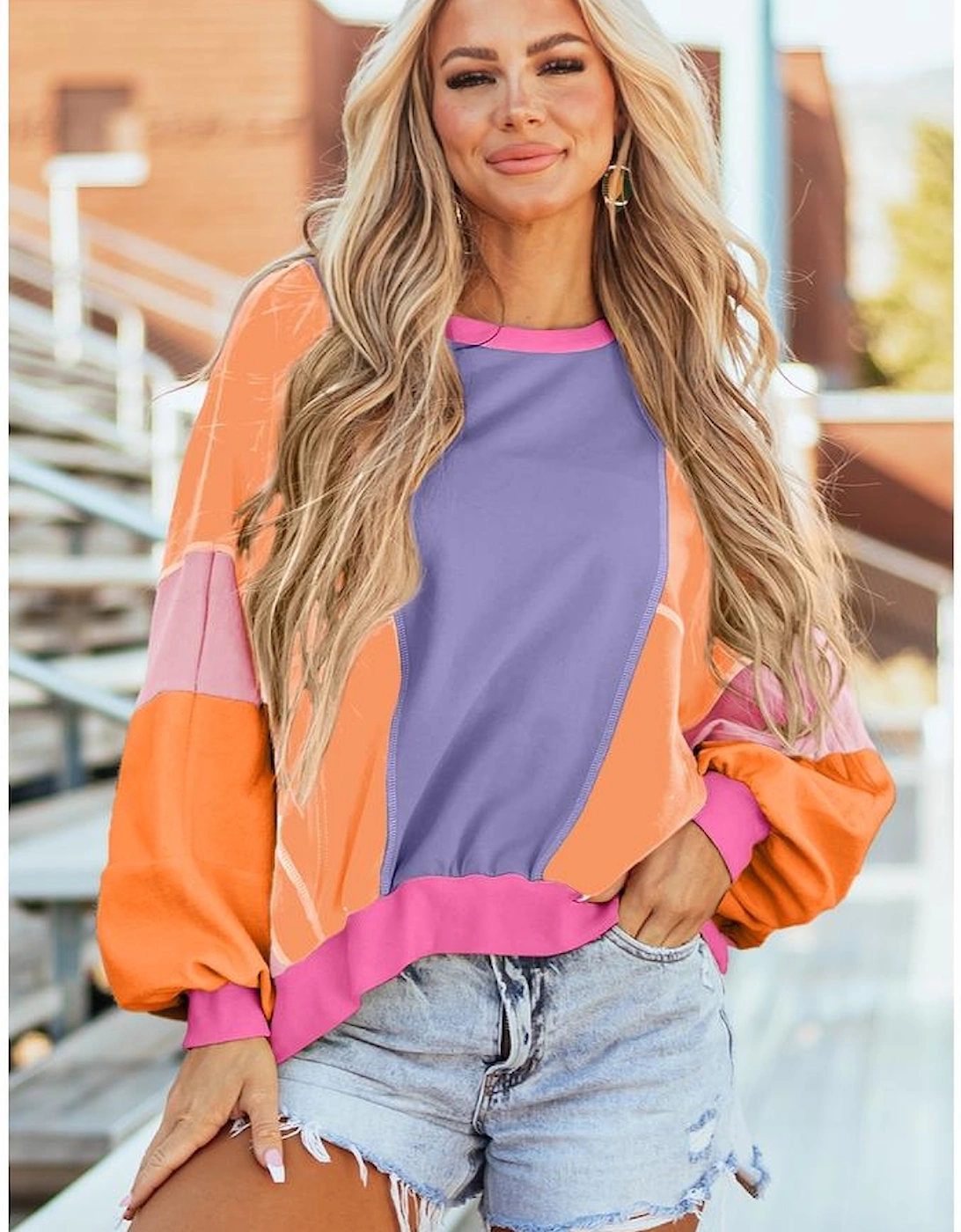 Orchid Petal Colorblock Patchwork Exposed Stitching Oversize Top