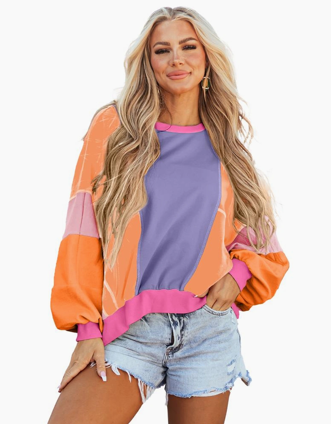 Orchid Petal Colorblock Patchwork Exposed Stitching Oversize Top