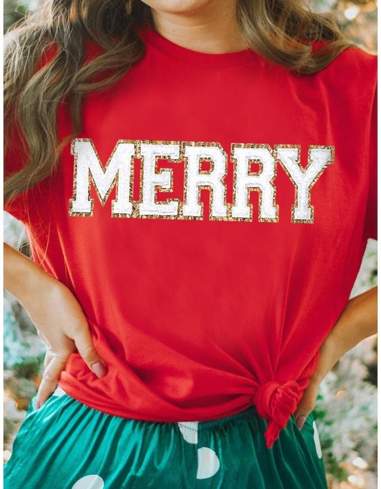 Red Christmas MERRY Graphic Cuffed Sleeve T Shirt