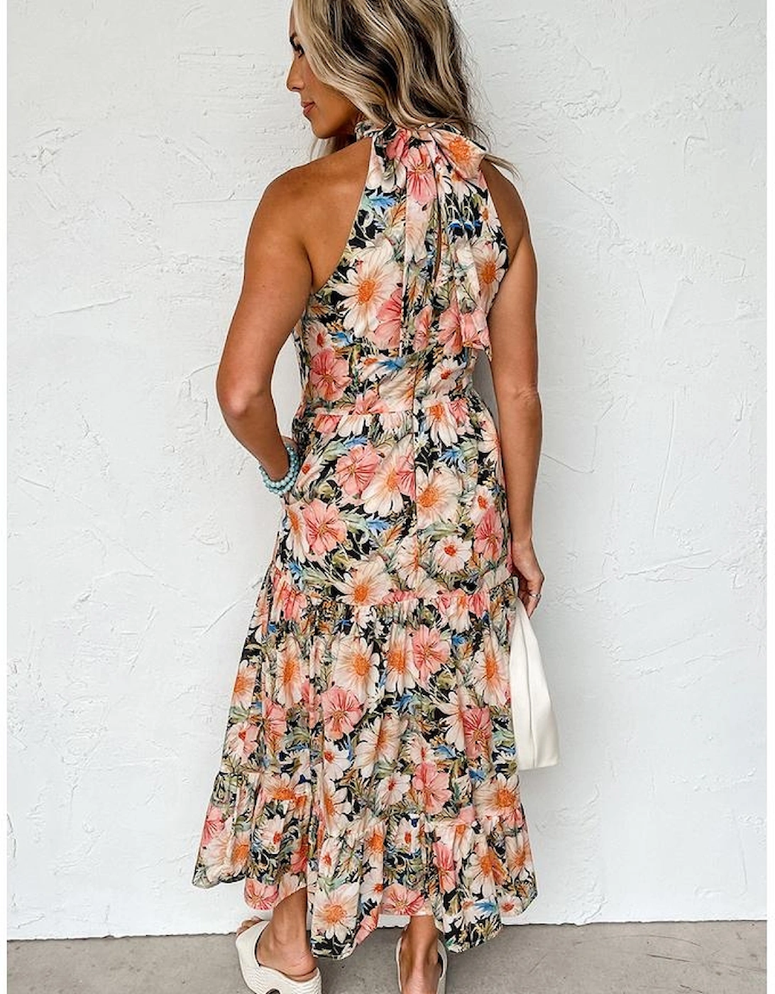 Black Boho Floral Print Knotted Halter Ruffled Maxi Dress