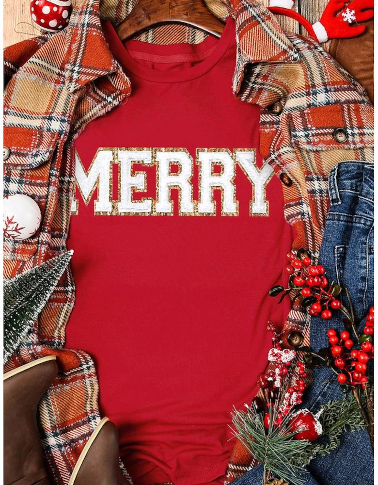 Red Christmas MERRY Graphic Cuffed Sleeve T Shirt