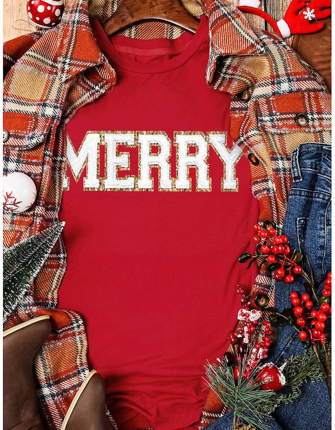 Red Christmas MERRY Graphic Cuffed Sleeve T Shirt