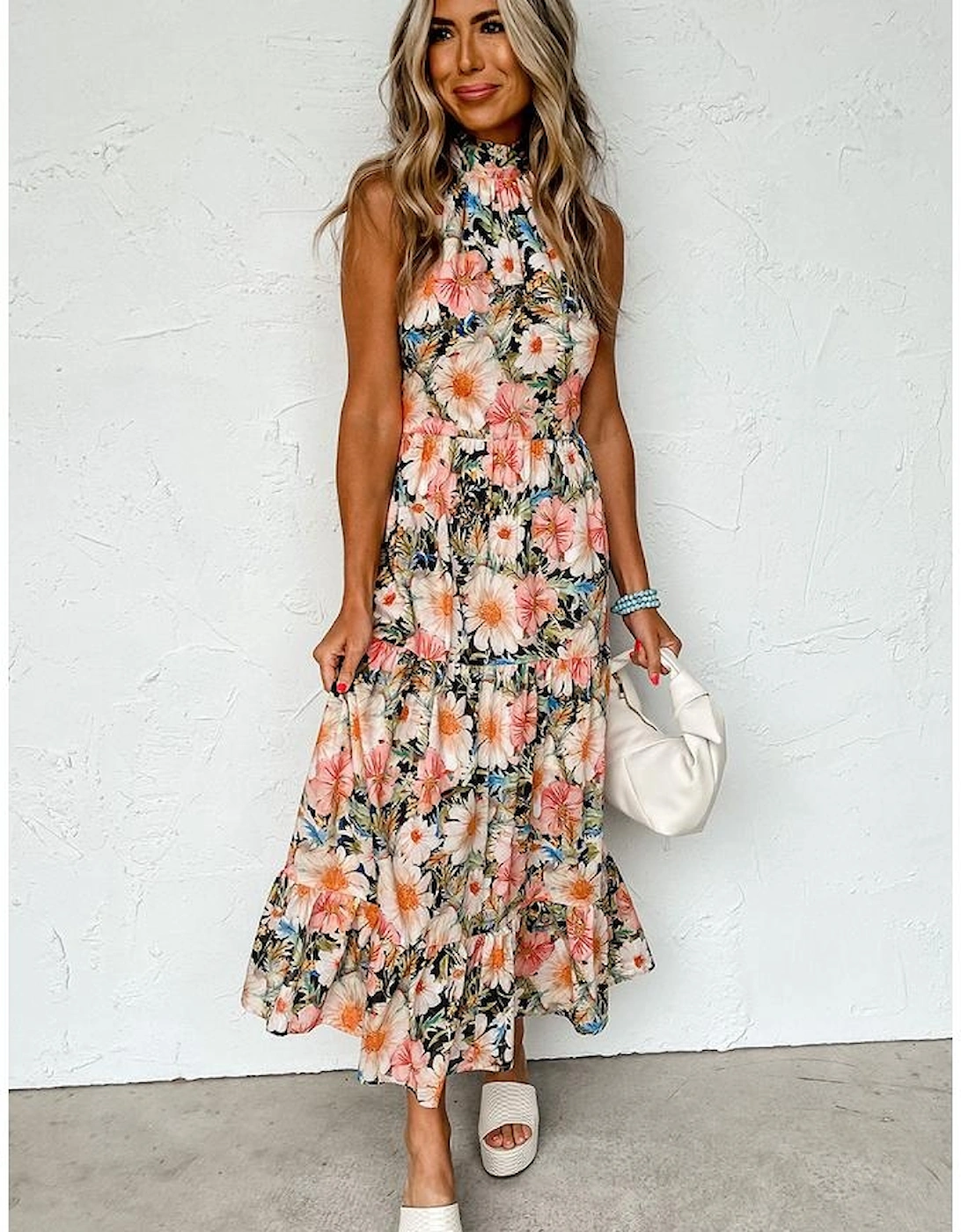 Black Boho Floral Print Knotted Halter Ruffled Maxi Dress