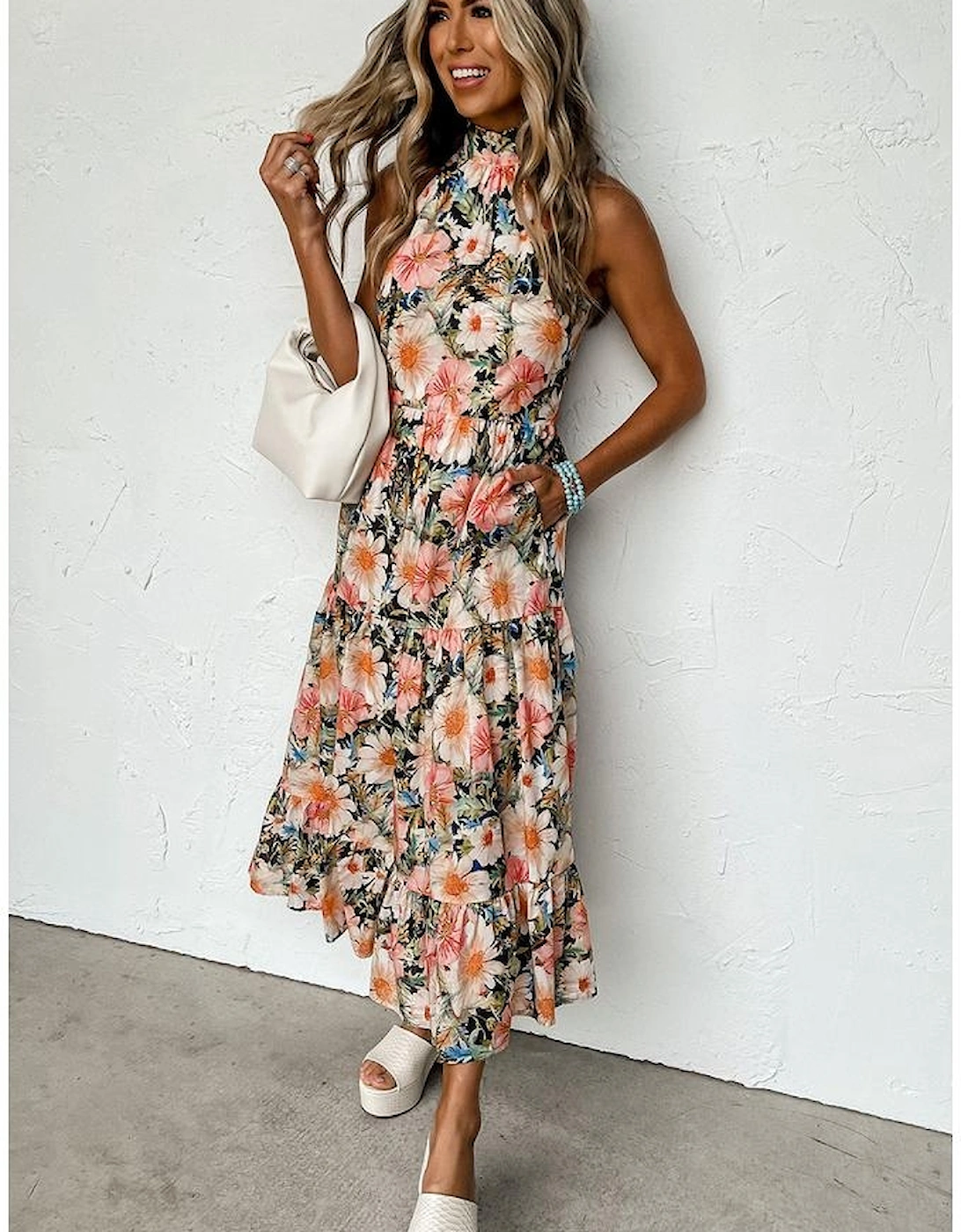 Black Boho Floral Print Knotted Halter Ruffled Maxi Dress