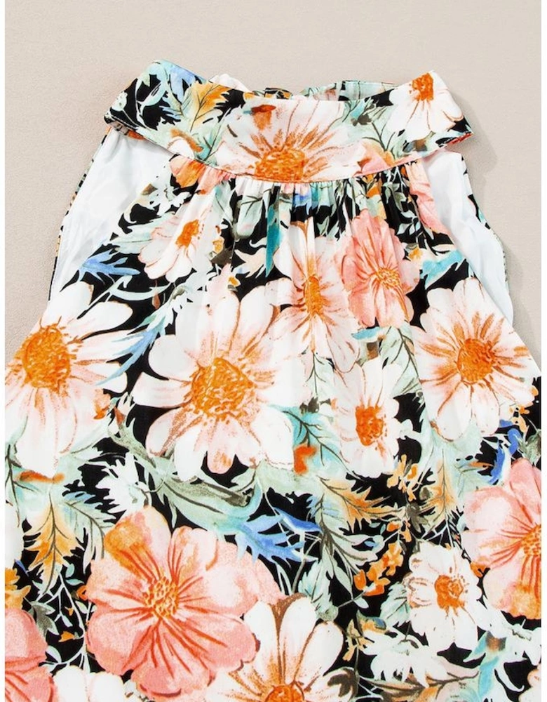 Black Boho Floral Print Knotted Halter Ruffled Maxi Dress