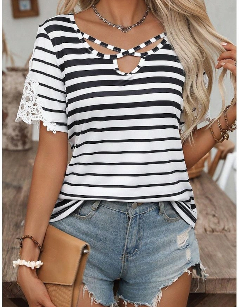 Black Stripe Cross Straps Hollowed Neck Lace Splicing Short Sleeve Blouse