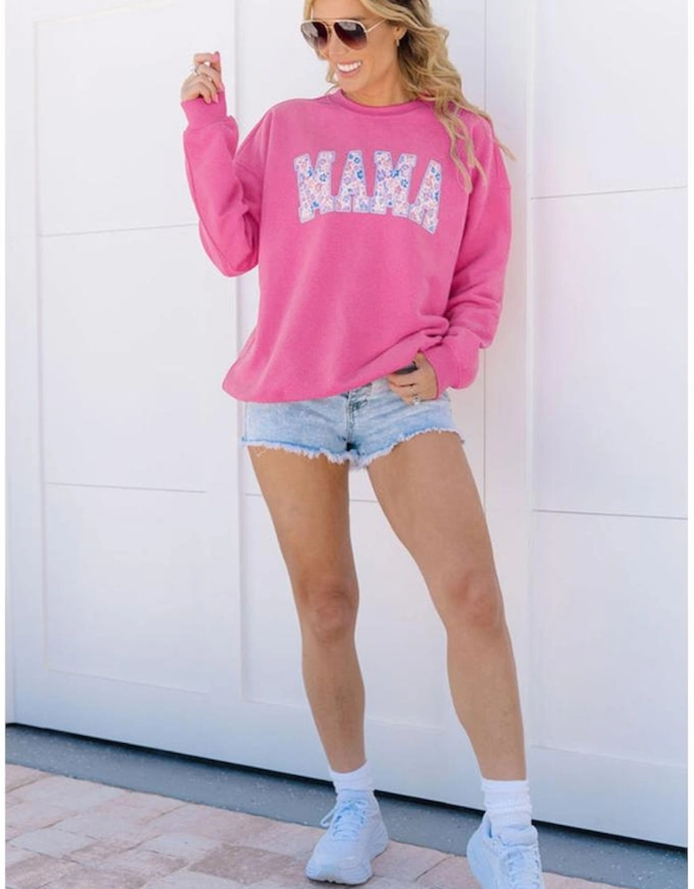 Rose Red Floral MAMA Embroidered Graphic Pullover Sweatshirt