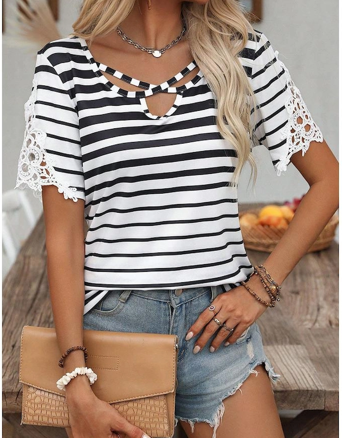 Black Stripe Cross Straps Hollowed Neck Lace Splicing Short Sleeve Blouse