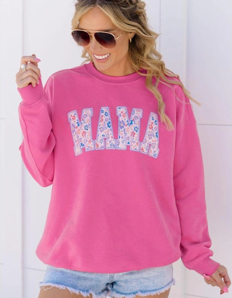 Rose Red Floral MAMA Embroidered Graphic Pullover Sweatshirt