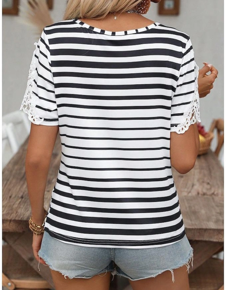 Black Stripe Cross Straps Hollowed Neck Lace Splicing Short Sleeve Blouse