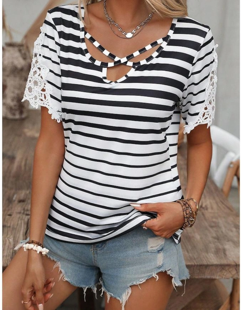 Black Stripe Cross Straps Hollowed Neck Lace Splicing Short Sleeve Blouse