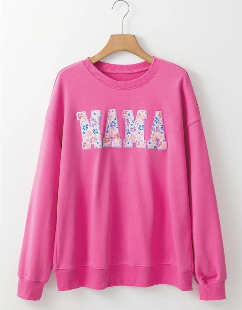 Rose Red Floral MAMA Embroidered Graphic Pullover Sweatshirt