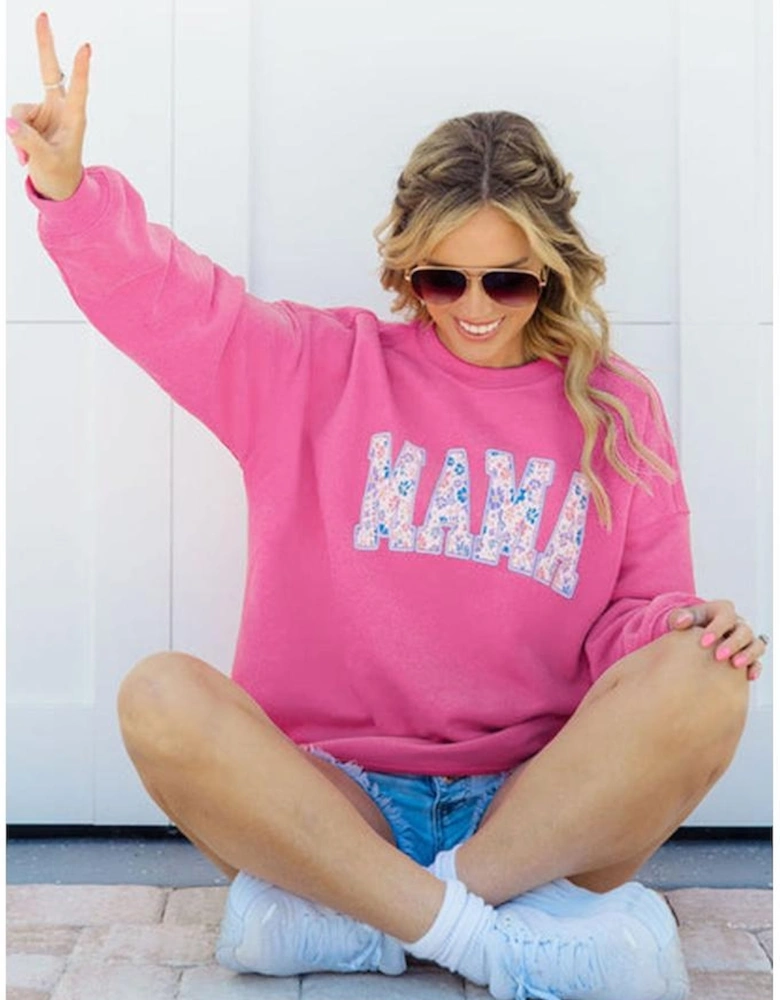 Rose Red Floral MAMA Embroidered Graphic Pullover Sweatshirt
