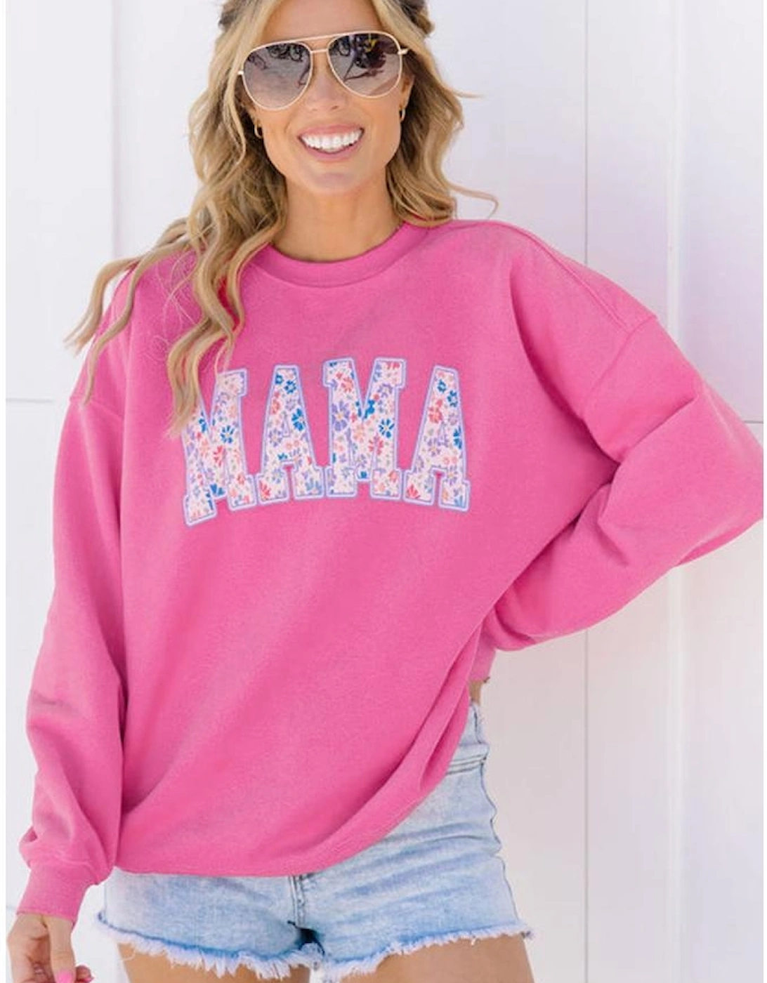 Rose Red Floral MAMA Embroidered Graphic Pullover Sweatshirt