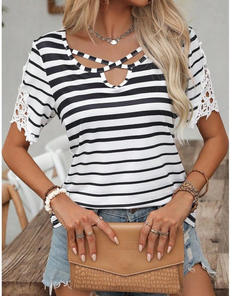 Black Stripe Cross Straps Hollowed Neck Lace Splicing Short Sleeve Blouse