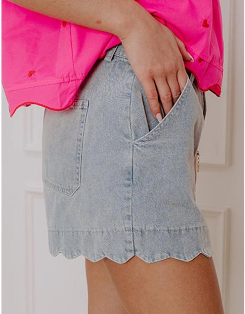 Dusk Blue Scalloped Hemline Acid Wash High Waist Denim Shorts