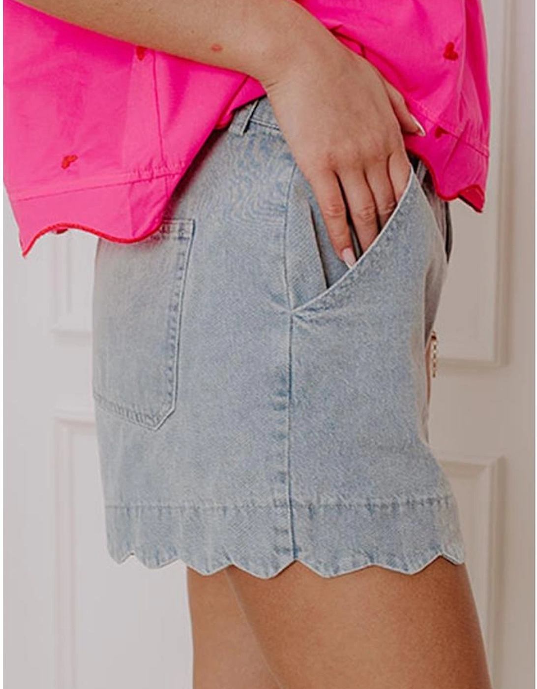 Dusk Blue Scalloped Hemline Acid Wash High Waist Denim Shorts