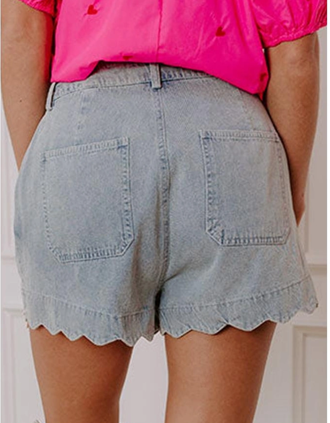 Dusk Blue Scalloped Hemline Acid Wash High Waist Denim Shorts, 16 of 15