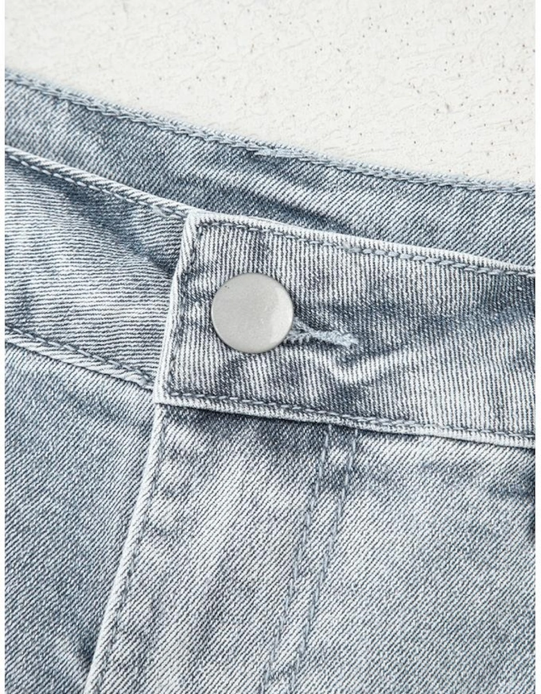 Dusk Blue Scalloped Hemline Acid Wash High Waist Denim Shorts