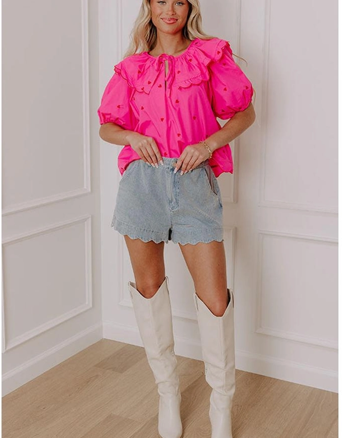 Dusk Blue Scalloped Hemline Acid Wash High Waist Denim Shorts