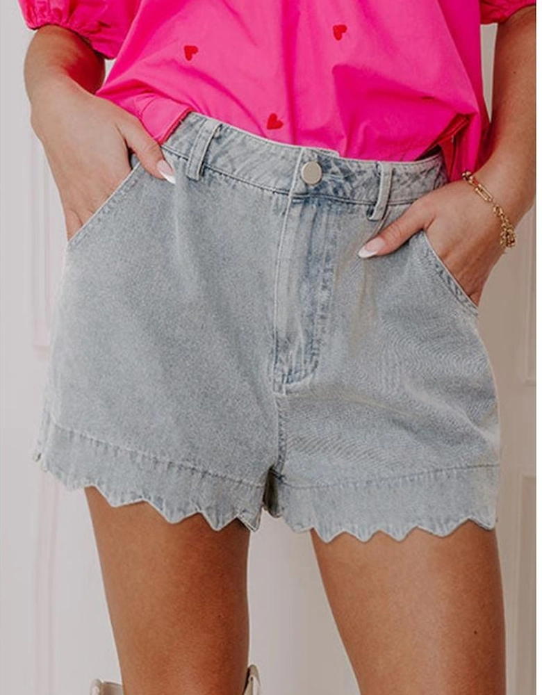 Dusk Blue Scalloped Hemline Acid Wash High Waist Denim Shorts