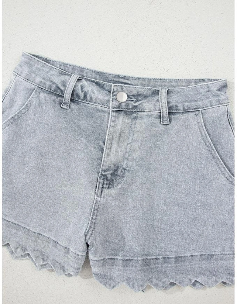 Dusk Blue Scalloped Hemline Acid Wash High Waist Denim Shorts