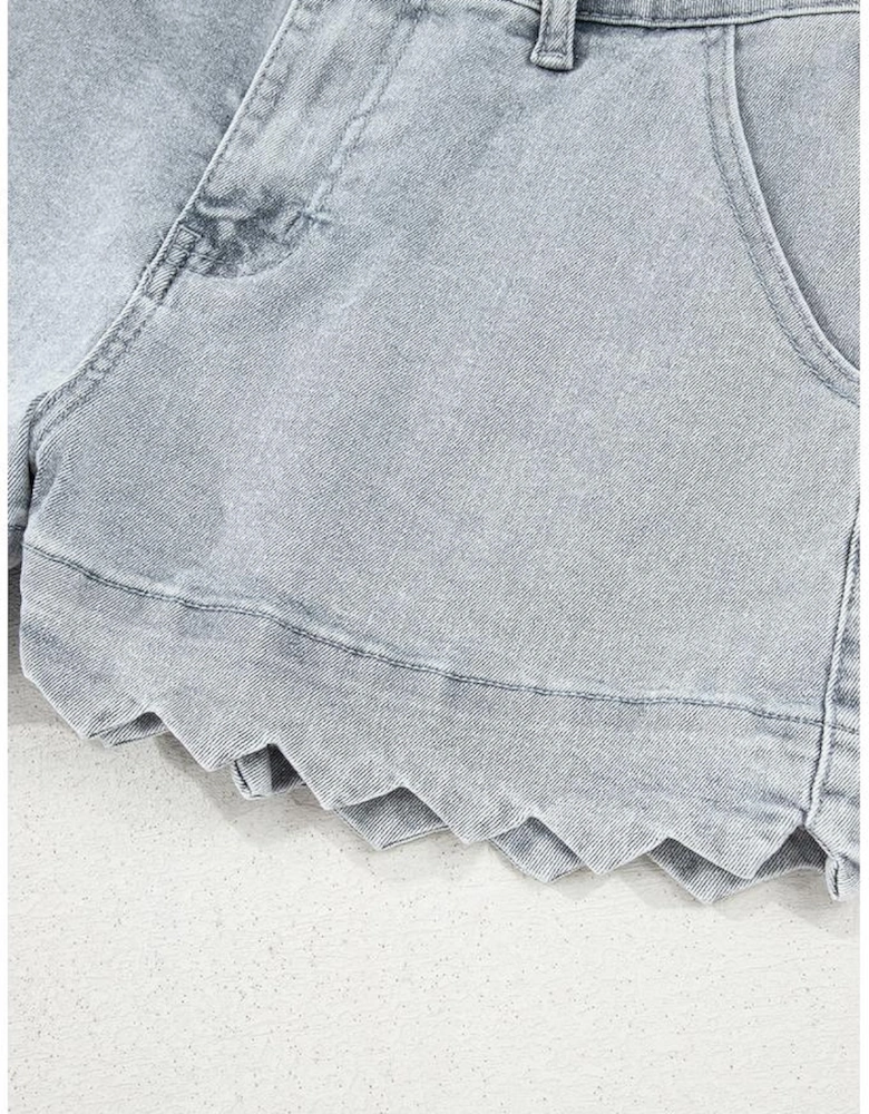 Dusk Blue Scalloped Hemline Acid Wash High Waist Denim Shorts