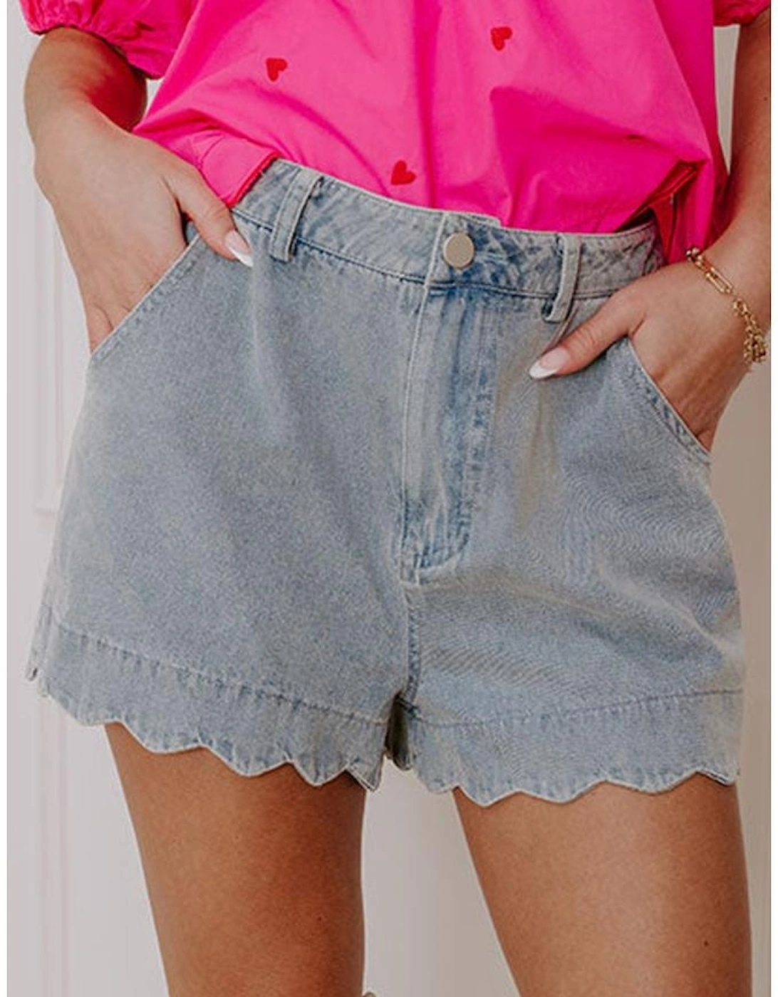 Dusk Blue Scalloped Hemline Acid Wash High Waist Denim Shorts