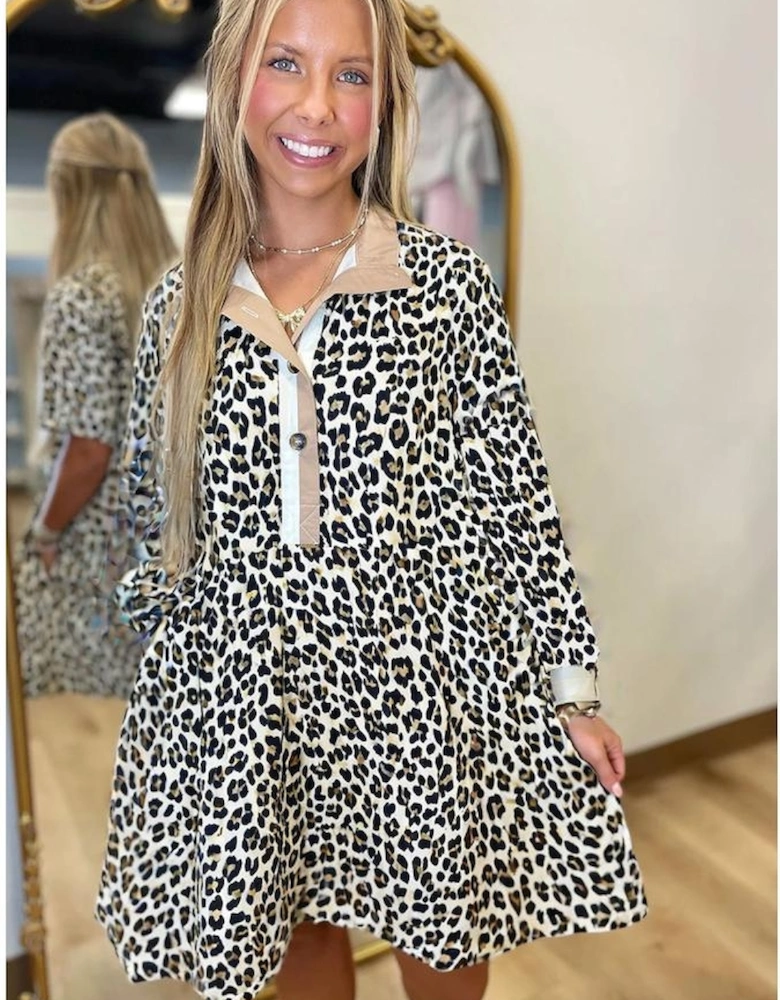Multicolour Button Striped Collar Leopard Print Long Sleeve Flared Dress