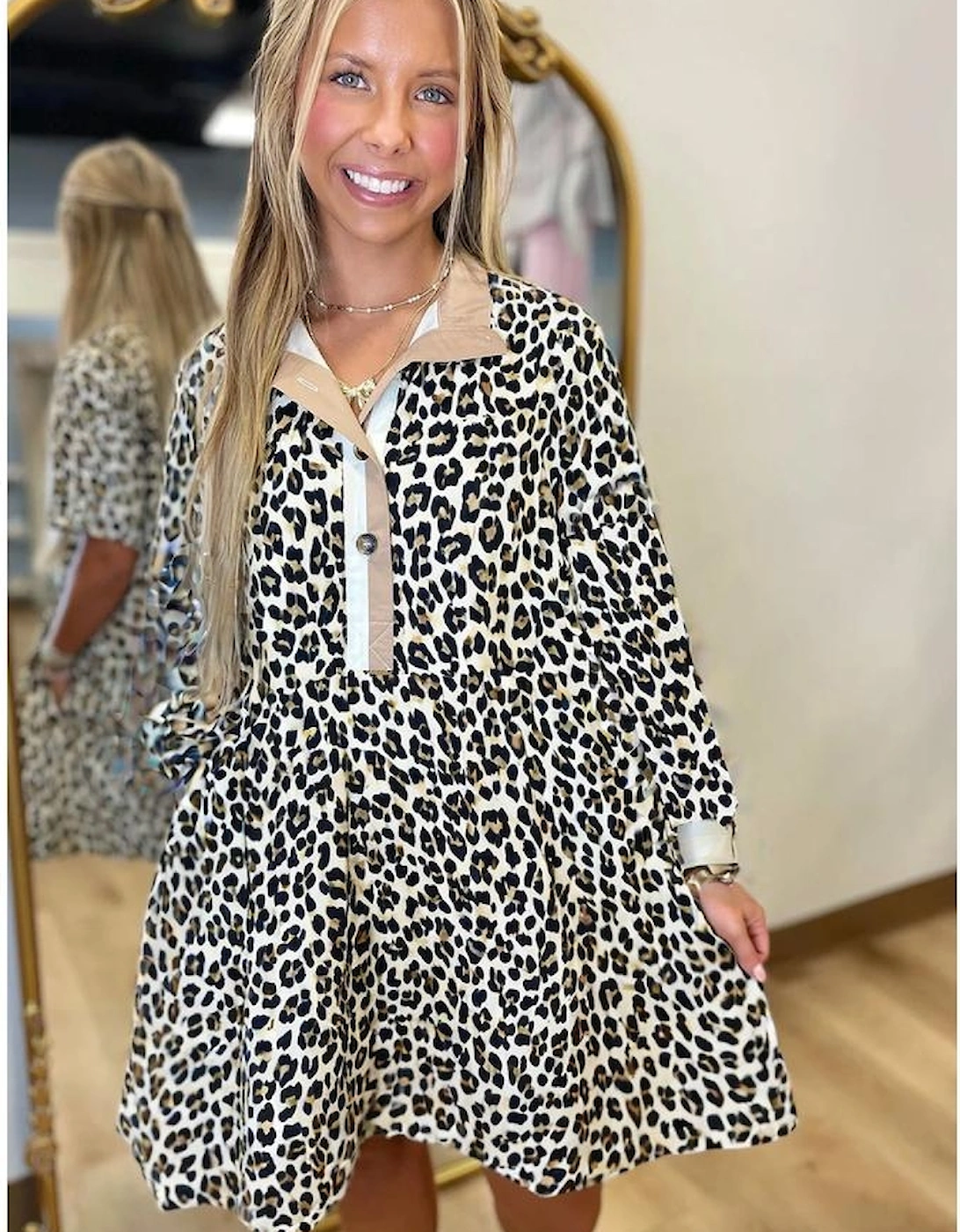 Multicolour Button Striped Collar Leopard Print Long Sleeve Flared Dress, 5 of 4