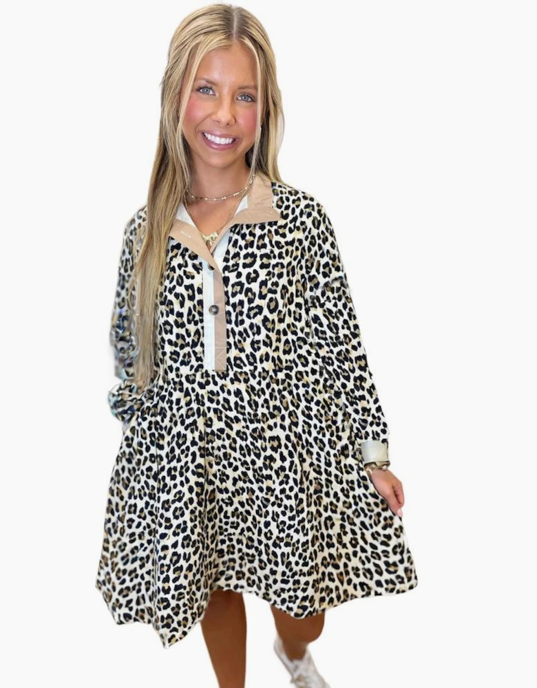 Multicolour Button Striped Collar Leopard Print Long Sleeve Flared Dress